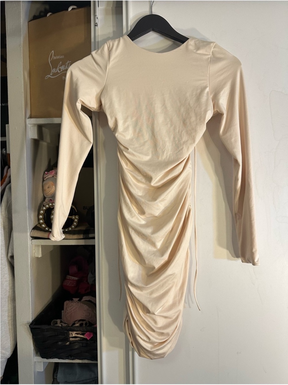 Oh Polly open back Long Sleeve Cream Midi Dress